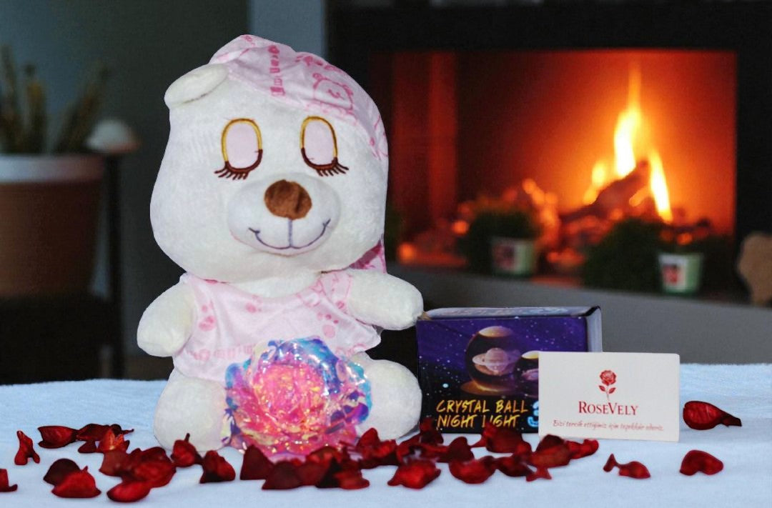 Sevimli Uyuyan Ayıcık & Sonsuzluk Gülü & Gece Lambası Hediye Seti