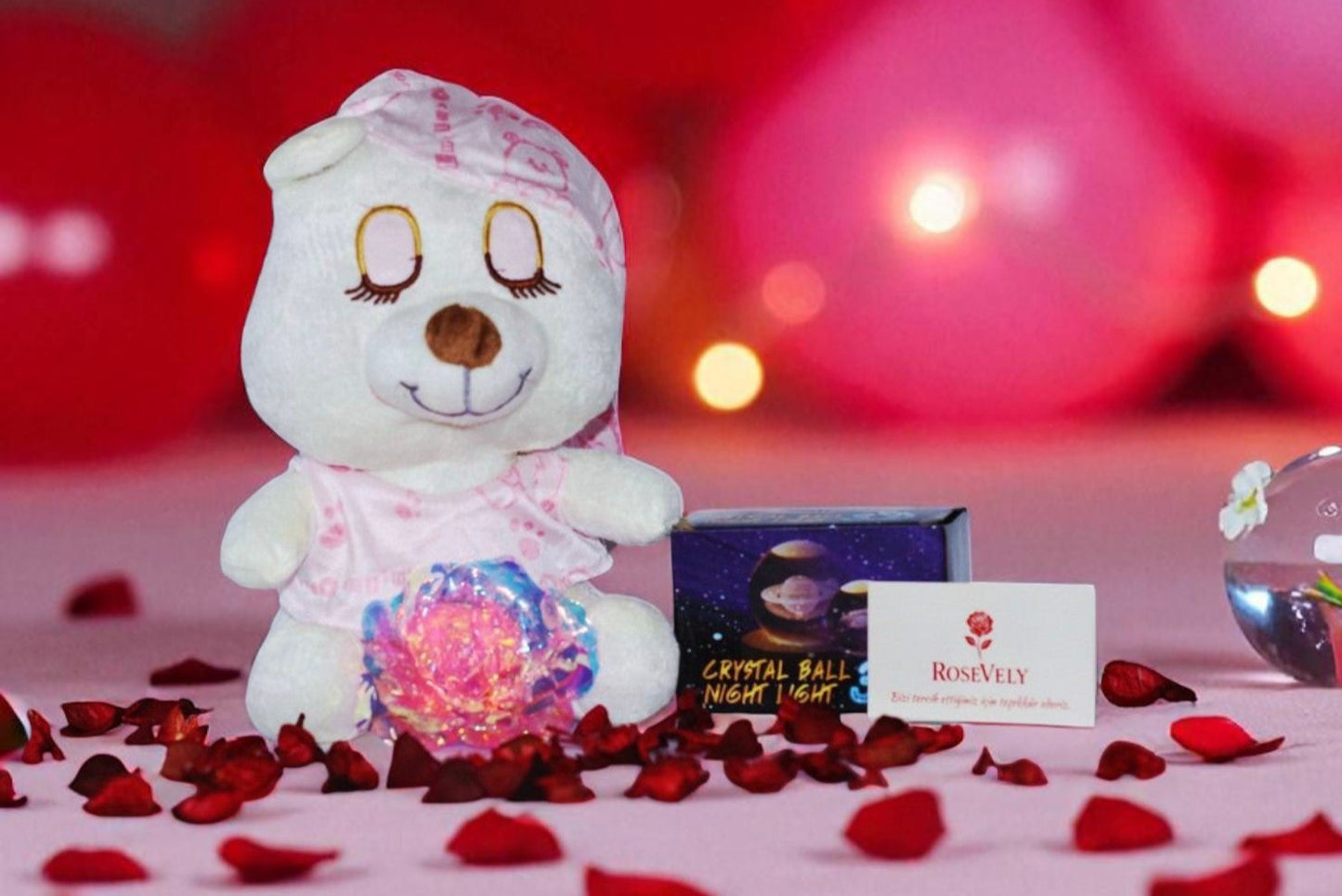 Sevimli Uyuyan Ayıcık & Sonsuzluk Gülü & Gece Lambası Hediye Seti